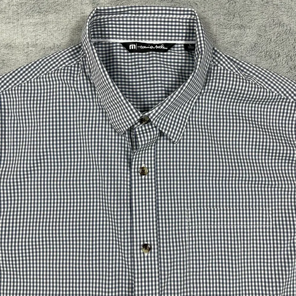 Travis Mathew Shirt Men's Large Black White Plaid Cotton Short Sleeve‎ Button-Up